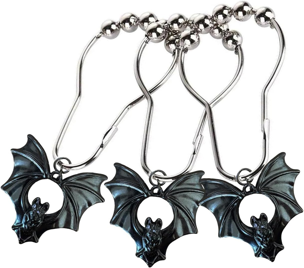 Set of 12 Bats Shower Curtain Hooks Rings Halloween Party Supplies Haunted House Decoration Stainless Steel Rustproof (Black-Bat_Style2)