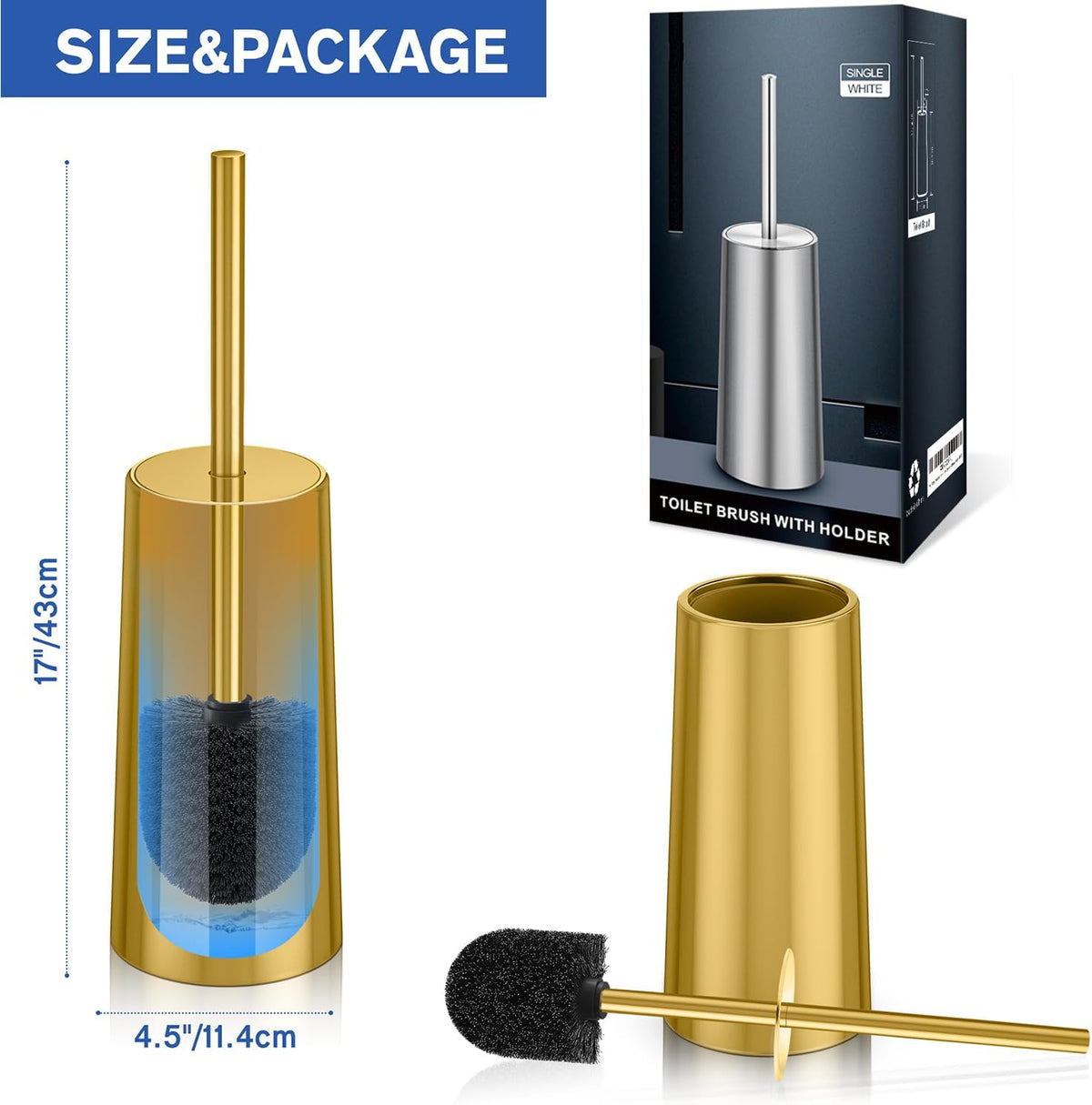 Toilet Brush and Holder, Toilet Brush Stainless Steel, Toilet Bowl Brush for Bathroom Toilet-Ergonomic, Elegant,Durable (Gold)