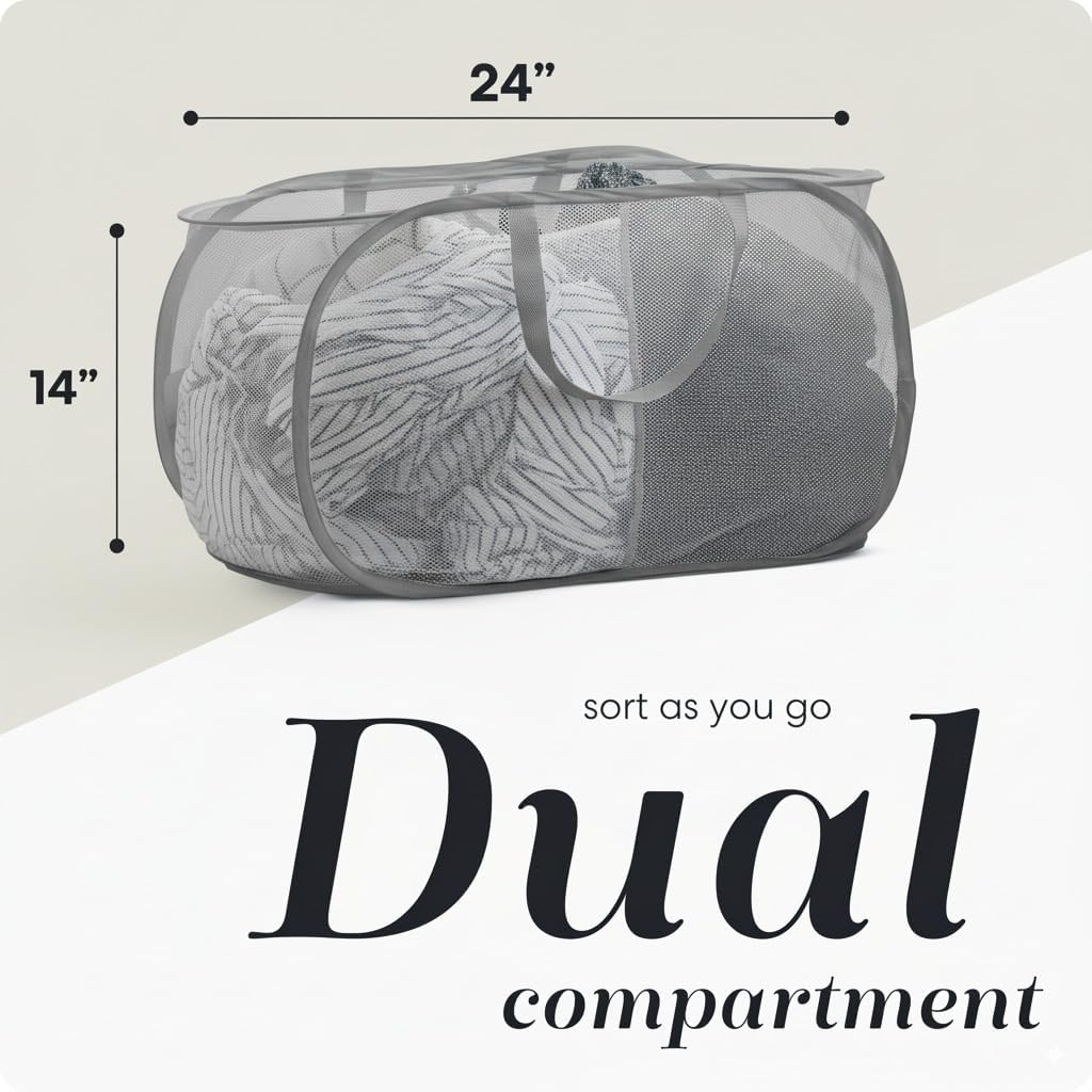 Handy Laundry Collapsible Laundry Basket, 2-Compartment Mesh Pop Up Hamper with Handles – Foldable, Space-Saving Dirty Clothes Organizer for Dorm, Travel, Laundry Room, Grey