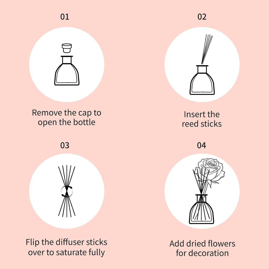 Reed Diffusers Set Rose Scented Diffuser for 140 Days, Flower Diffuser 8.5 fl oz with Dried Flowers and Decorative Rose, Long Lasting Home Fragrance with 10 Sticks for Bathroom, Shelf, Office Decor
