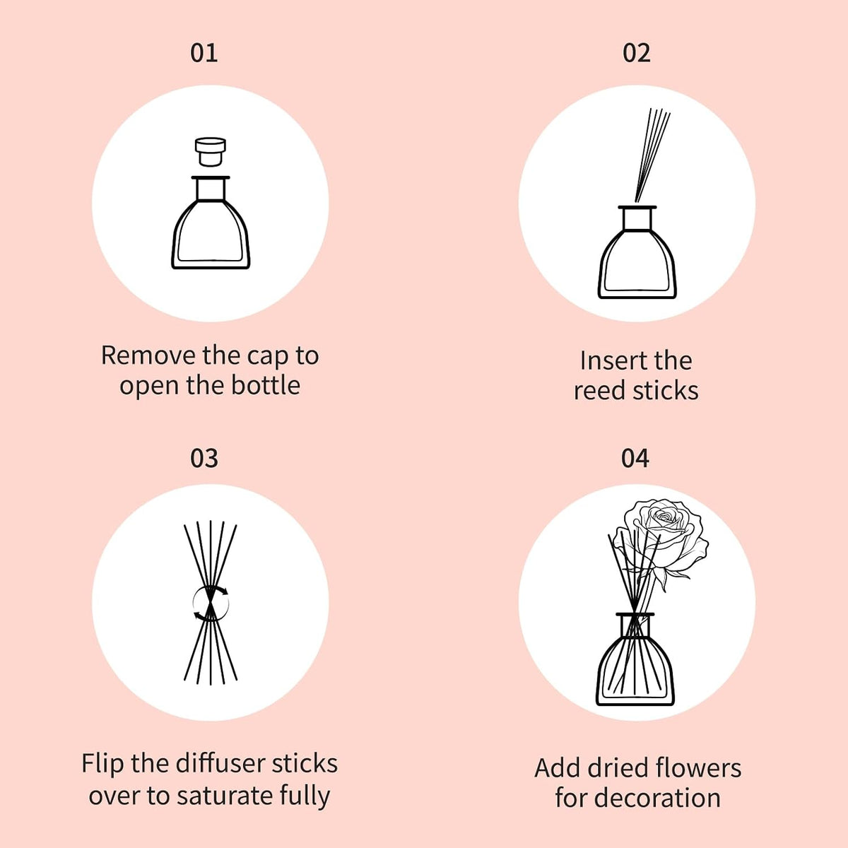 Reed Diffusers Set Rose Scented Diffuser for 140 Days, Flower Diffuser 8.5 fl oz with Dried Flowers and Decorative Rose, Long Lasting Home Fragrance with 10 Sticks for Bathroom, Shelf, Office Decor