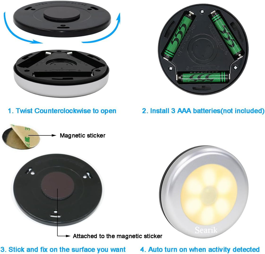 Searik Motion Sensor Night Light Indoor, Wireless Battery Operated LED Night Light Safety Lamp Step Lights Under Cabinet Lights for Stair, Bathroom, Closet, Hallway, Path
