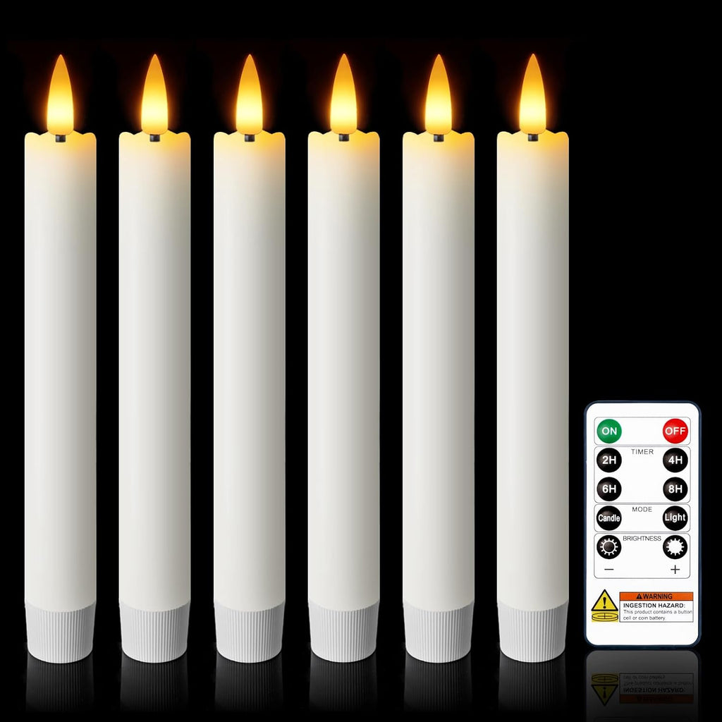7 Inches Dripless Flameless Taper Candles with Remote Timer Dimmer, Real Wax Battery Candlesticks, 3D Flame Fake Candlesticks for Home Wedding Christmas Decor, White, 6 Pcs
