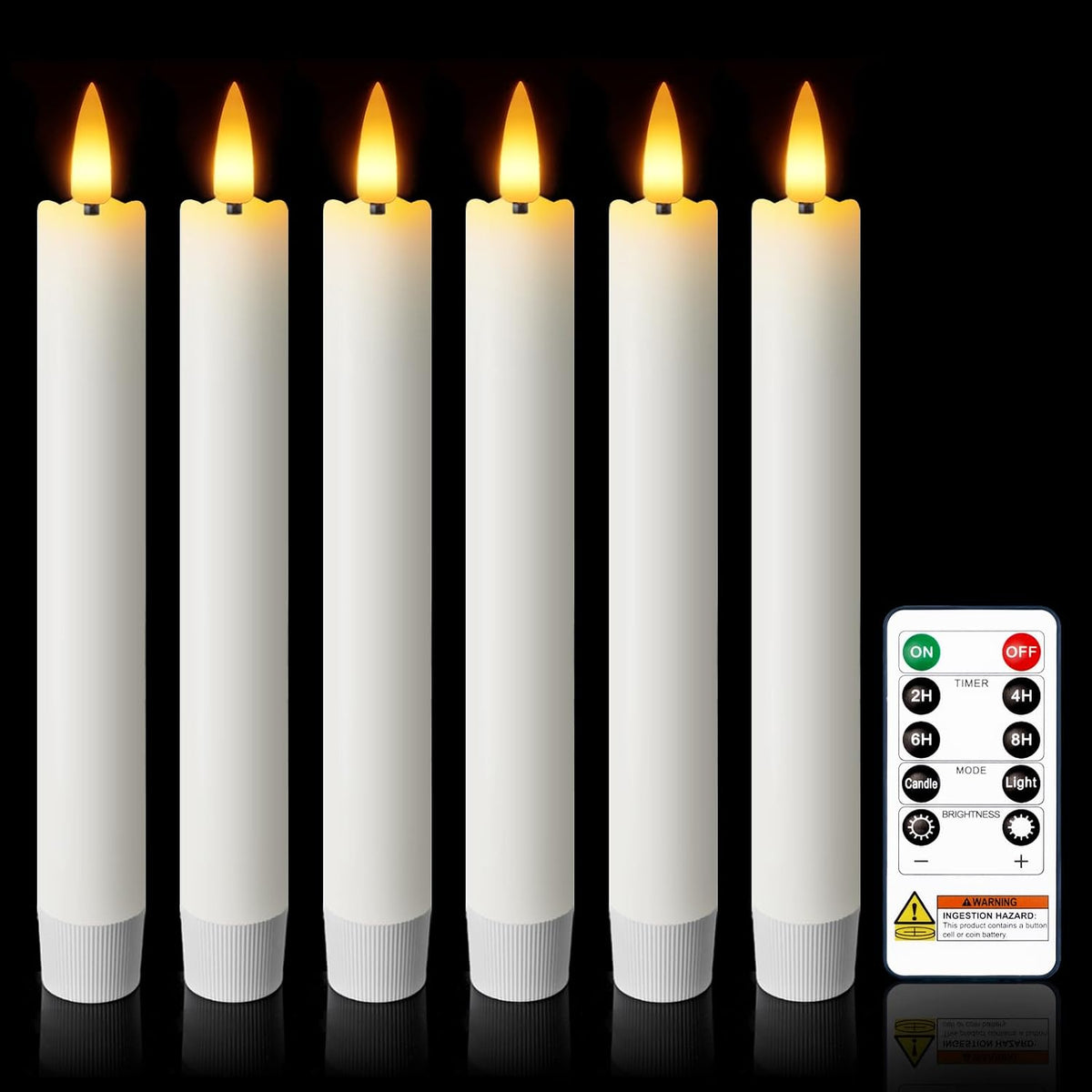 7 Inches Dripless Flameless Taper Candles with Remote Timer Dimmer, Real Wax Battery Candlesticks, 3D Flame Fake Candlesticks for Home Wedding Christmas Decor, White, 6 Pcs