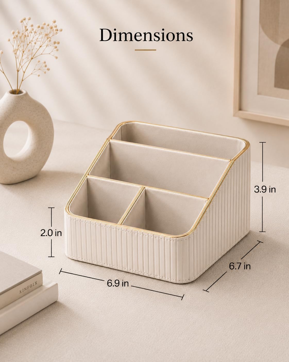 KINGFOM PU Leather Remote Control Holder, 4 Compartment Nightstand Organizer with Gold Trim, Small Desk Organizer for Office Supplies, Phone, Glasses, Pens, Bedside Table, Living Room Decor Beige