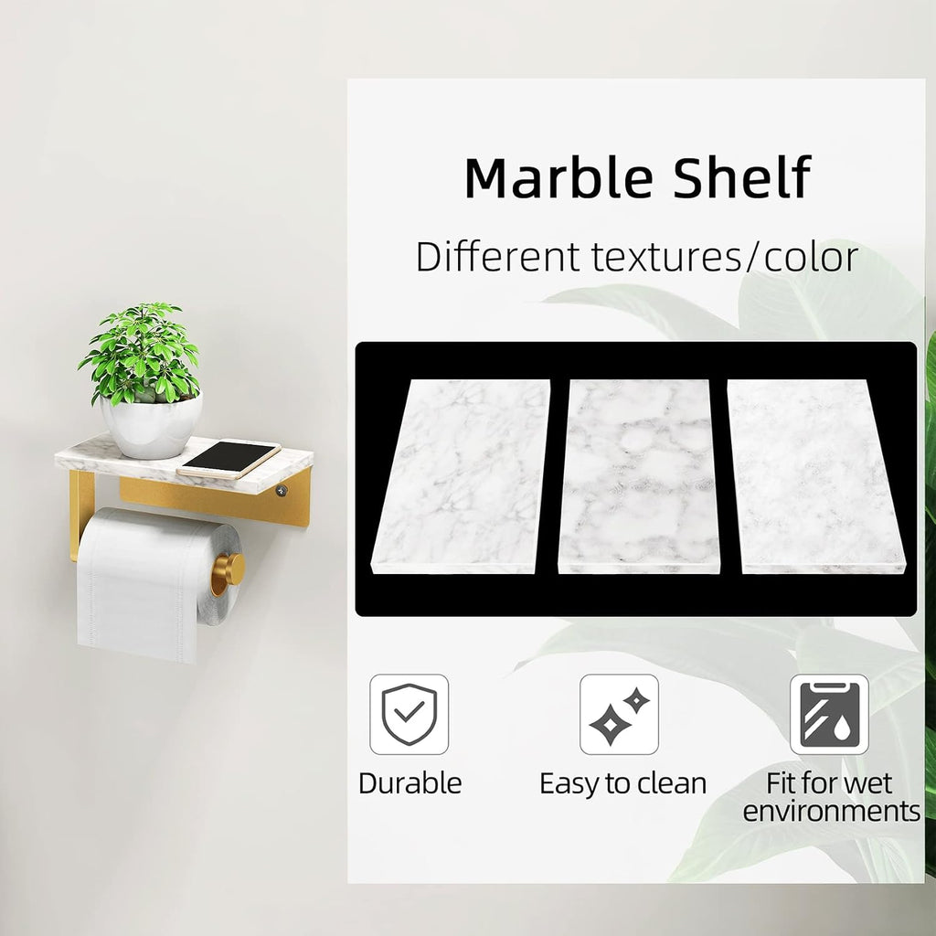 Gypie Toilet Paper Holder with Marble Shelf, Wall Mounted Gold