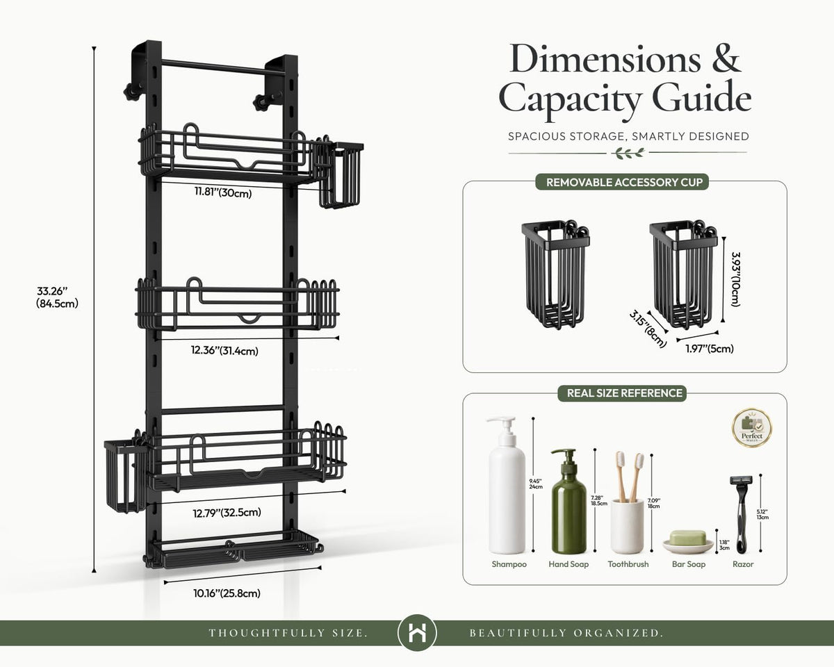 HapiRm Over the Door Shower Caddy - 4-Tier Hanging Shower Organizer with 22 Hooks and 2 Toothbrush Holders, No Drilling Adjustable Hanging Shelves for Bathroom - Black