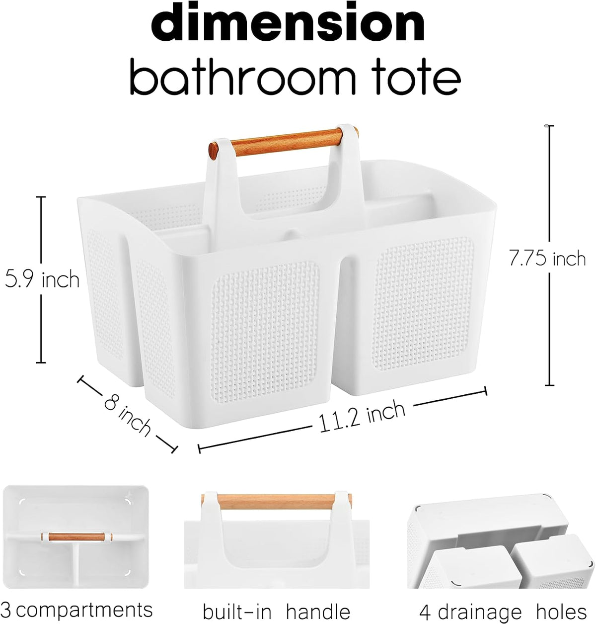 ALINK Portable Shower Caddy Basket with Compartments, Plastic Divided Cleaning Caddy Organizer Storage Tote with Handle for Bathroom, College, Dorm Room Essentials, White