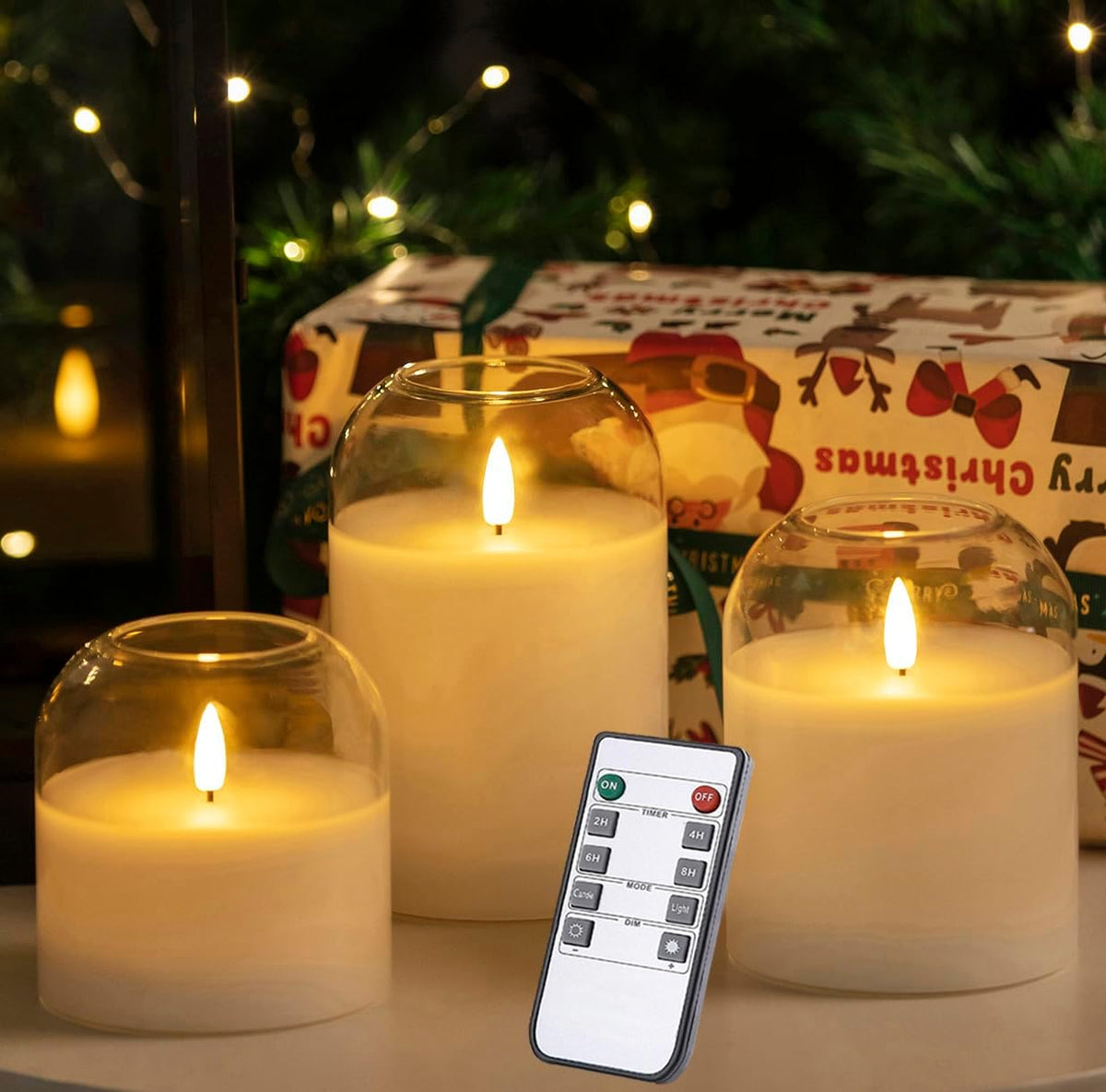 volnyus Clear Glass Flameless Candles with Remote Battery Operated Flickering LED Pillar Candles Real Wax Wick Φ 3" H 4" 5" 6", White