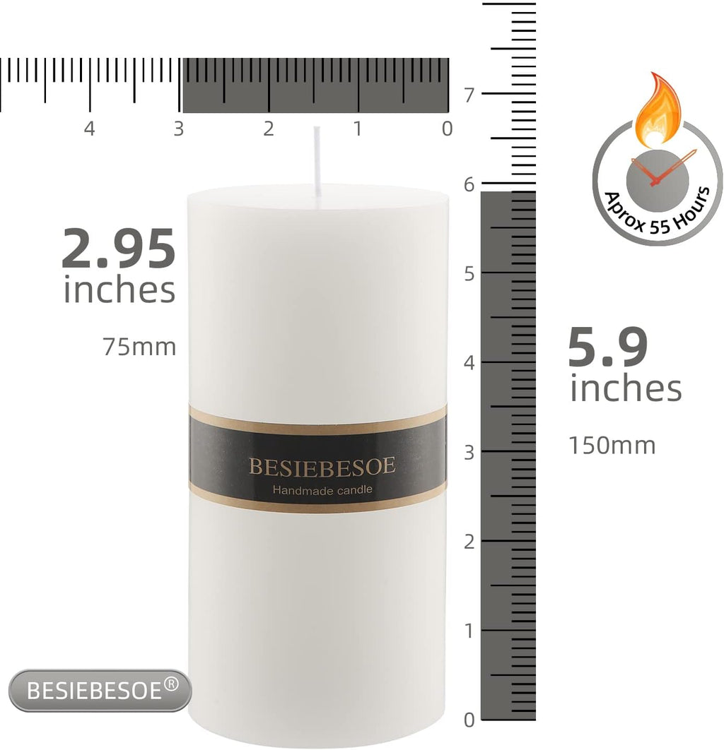 3×6 White Pillar Candles Set of 6 Unscented Handpoured Weddings, Home Decoration, Restaurants, Spa, Church Smokeless Cotton Wick 300 Hour