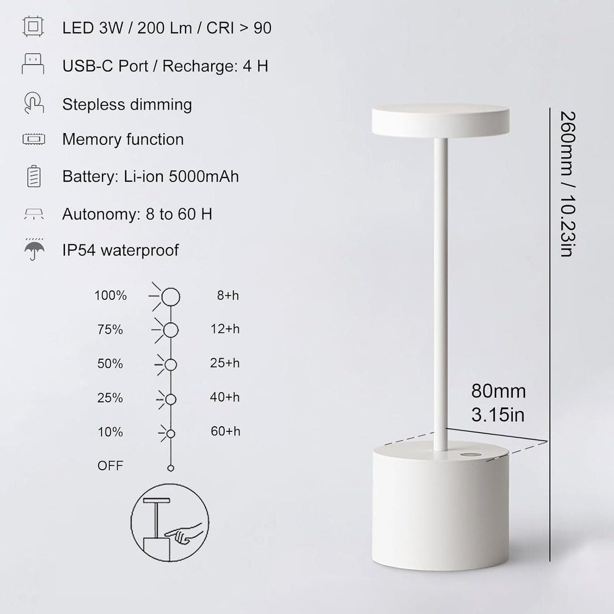 Cordless Rechargeable LED Table Lamp Set of 2, White