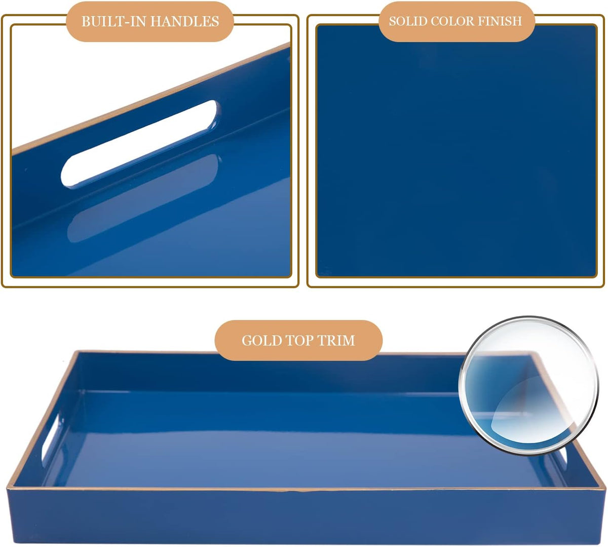 MAONAME Royal Blue Decorative Tray, Rectangular Serving Tray with Handles