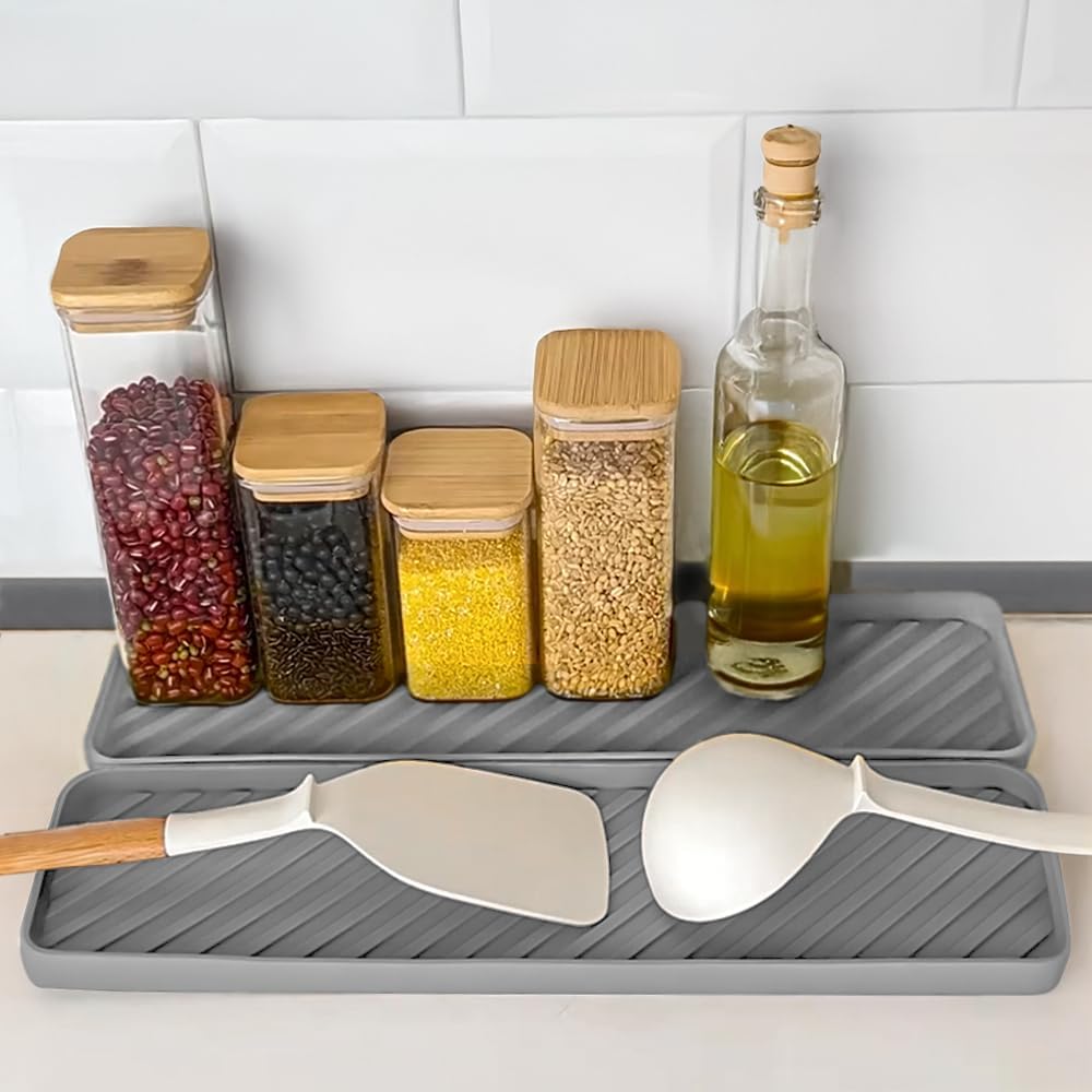 Silicone Organizer Tray for Kitchen Sinks and Bathrooms. Dishwasher-Safe, Non-Slip Countertop Tray, Bathroom Drawer Organizer Trays. Perfect for Makeup & Trinkets (Gray L 1PC)