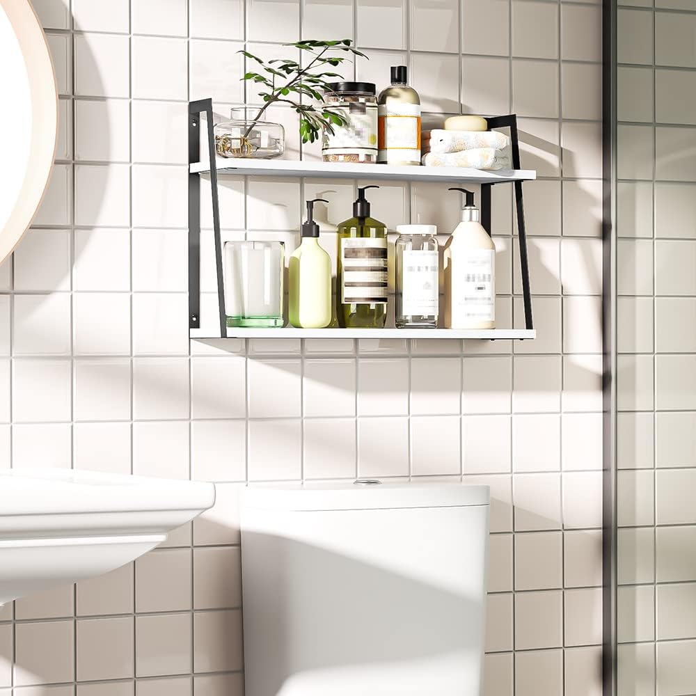 SRIWATANA White 2-Tier Floating Wall Shelves, Rustic Wood Storage Shelf Set