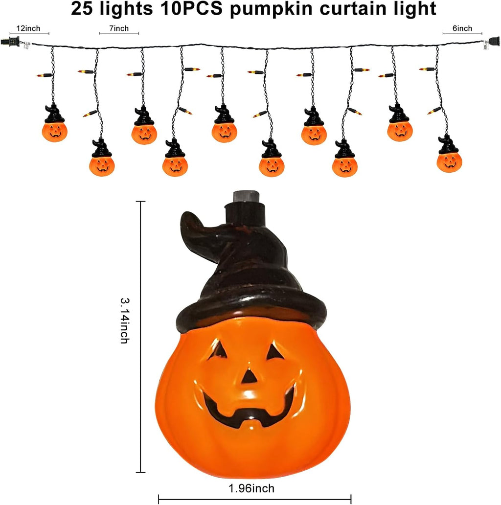 Halloween Curtain Pumpkin Hat Lights, 7Ft Hanging Halloween Decorative String Light with 10 Witch Hat Pumpkin Lights and 15 Mini Orange Bulbs UL Listed for Indoor Outdoor Party Porch Window Decor