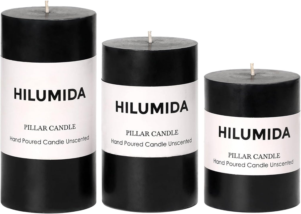 Black Pillar Candles Set of 3, Black Candles for Punk Decorations, Width 3" High 4" 5" 6" Unscented Smokeless Soy Wax Candle, Suitable for Gothic, Industrial, Minimalist and Dark Style Candle