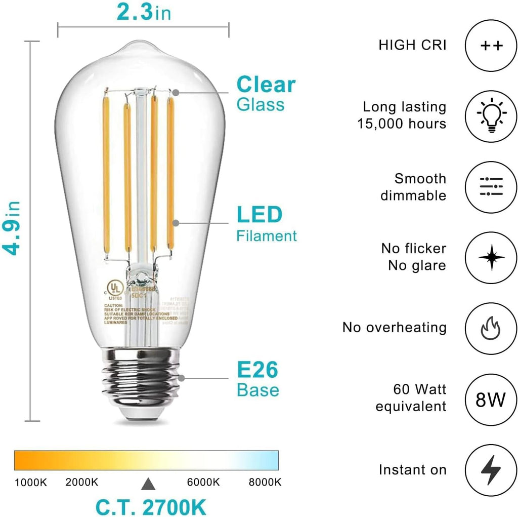 TJOY LED Edison Light Bulbs, E26 Dimmable Vintage Bulb, 8W = 60W Equivalent