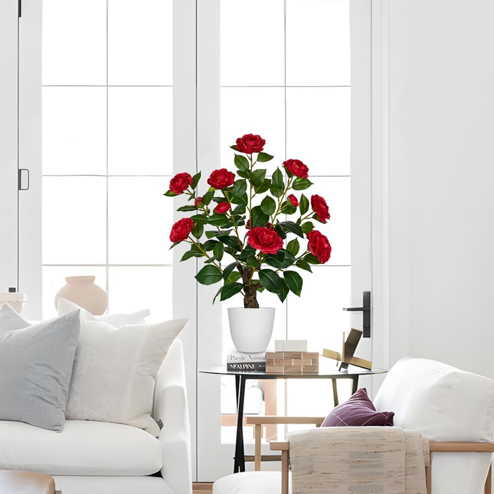 Hollyone Red Artificial Camellia Tree 23.6" Flower Plants Artificial Tree Small Faux Camellia Plant in Pot Greenery Potted Plant for Indoor Outdoor Porch Front Door Office Home Decor