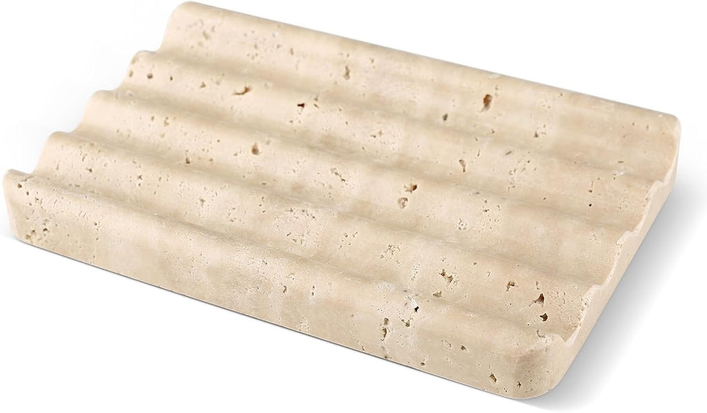 Karibiber Marble Soap Dish, Beige Travertine Bar Soap Holder Shower, Large Bathroom Soaps Saver, Easy Cleaning Natural Stone Sponge Holder for Kitchen Sink, Executive Jewelry Ring Tray
