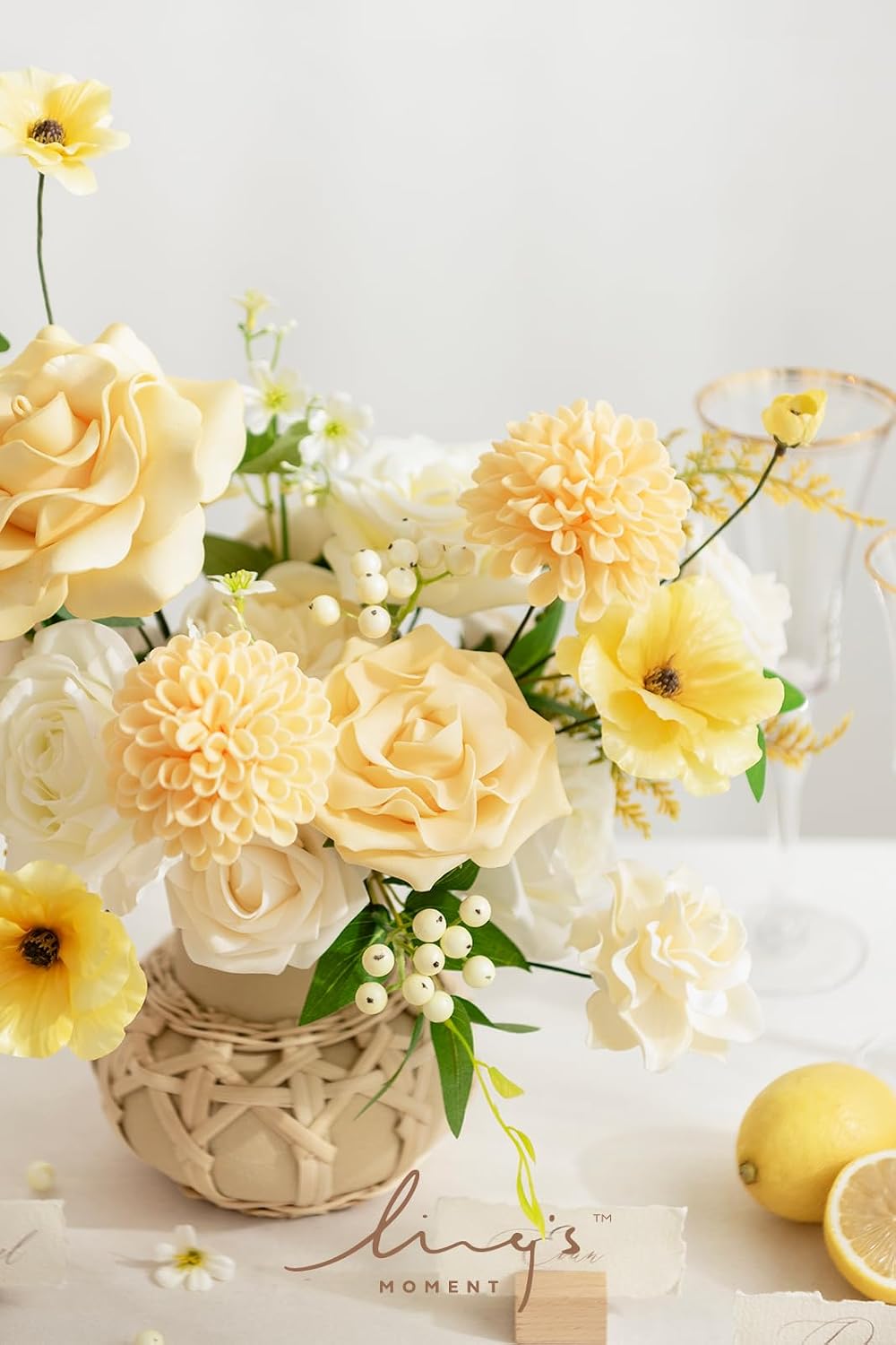 Ling's moment Creamy Yellow Artificial Dahlias, Wedding Flowers, 25 pcs