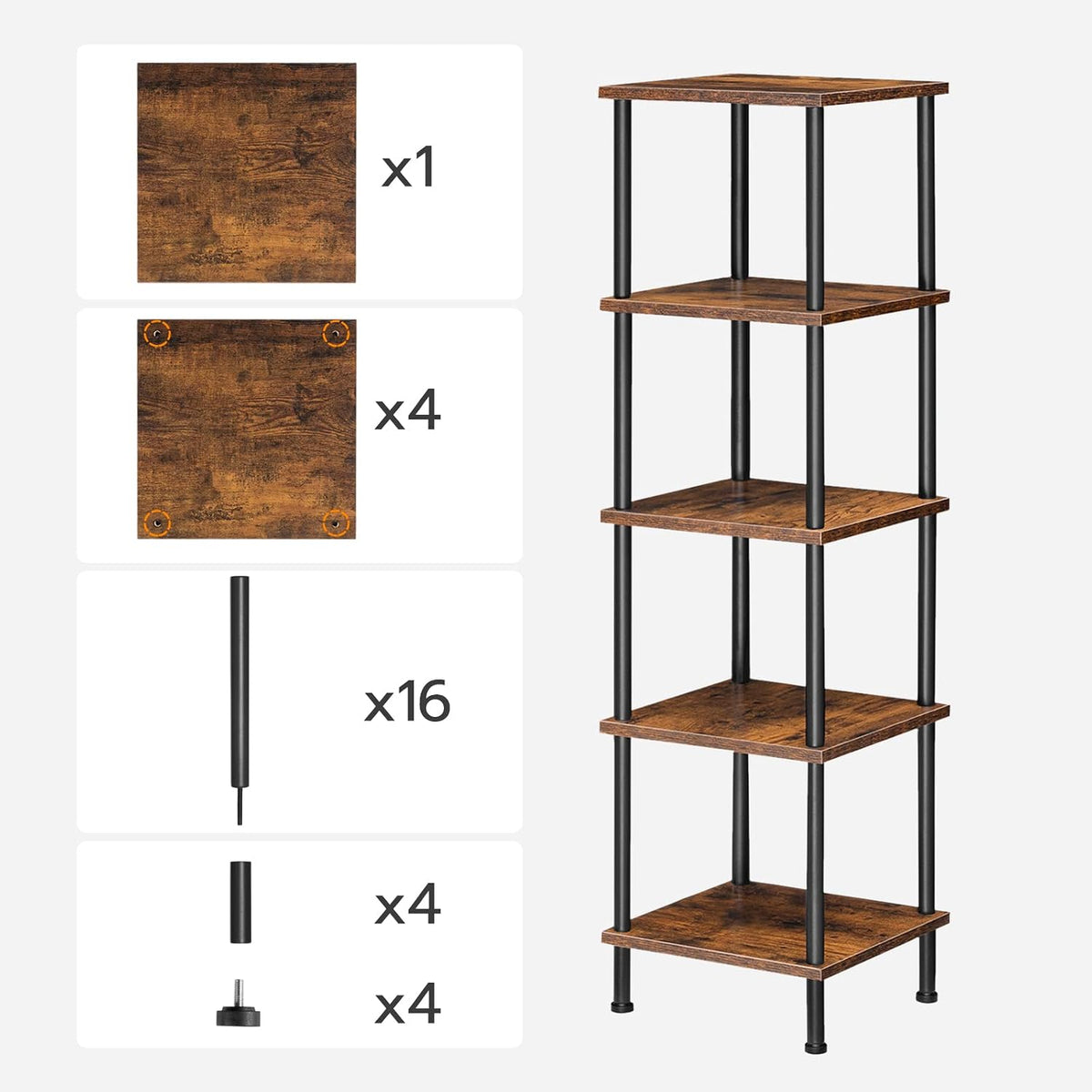 HOOBRO 5-Tier Corner Shelf Stand, Corner Square Rack Display Shelf, Tall Storage Plant Stand, Bookcase for Small Spaces, Living Room, Home Office, Kitchen, Rustic Brown and Black BF50CJ01