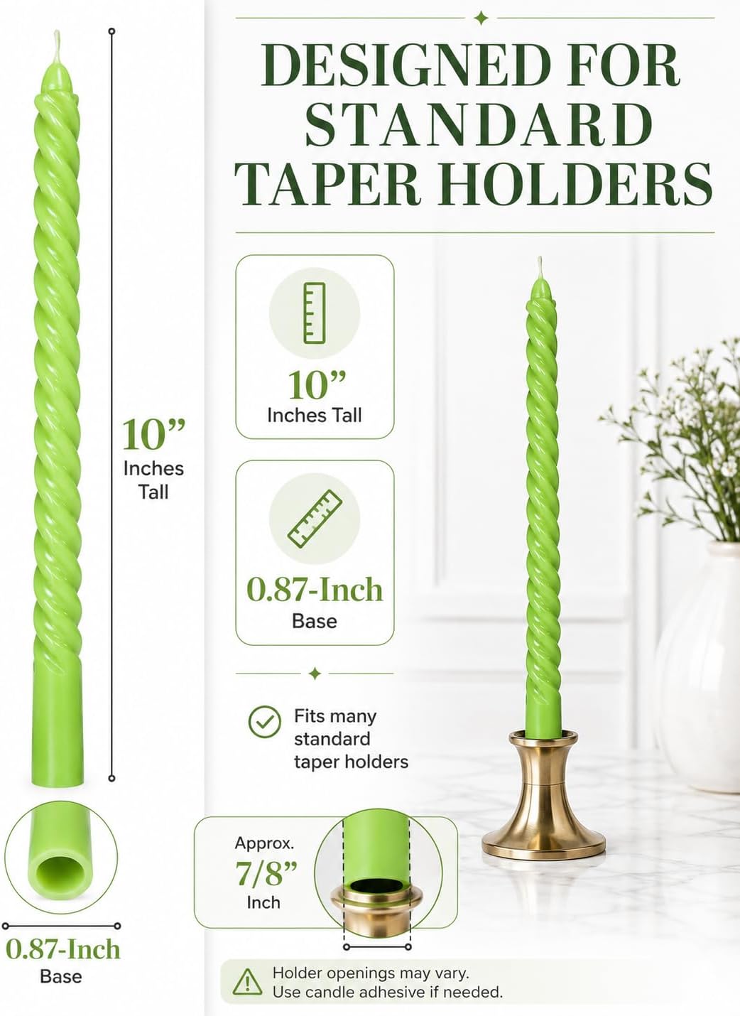 10 Inch Gradient-Green Spiral Taper Candle Set, 6 Pack Unscented Dripless Candlesticks for Dinner St. Patrick's Day Earth Day and Garden Parties