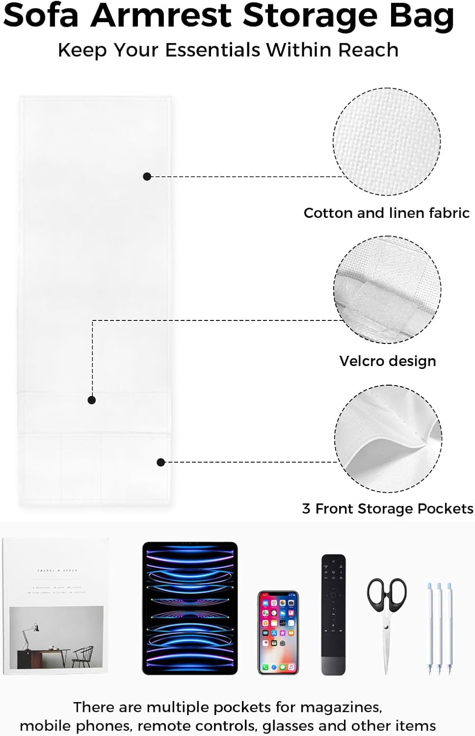 Sofa Armrest Organizer Bedside Caddy, White Non Slip Couch Remote Control Holder for Recliner, Pure White Arm Chair Caddy with Pocket for Magazine, Phone, 13''x35''