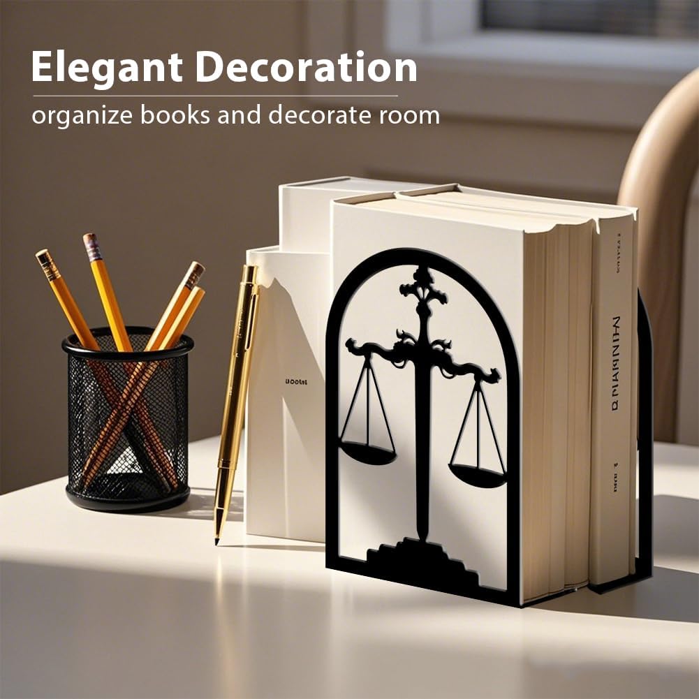 2pcs Balance Scale Book Ends Fair Black Metal Non-Slip Bookends Reading Decorative Large Book End Stoppers for Shelves Birthday Housewarming