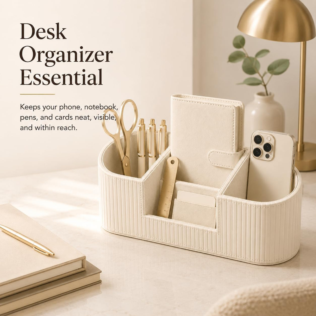 KINGFOM Faux Leather Desk Organizer, Office Desk Accessories Organizer with 4 Compartments, Modern Vanity Organizer for Pens, Makeup Brushes, Office Supplies, Remote Controls, Desk Decor for Home