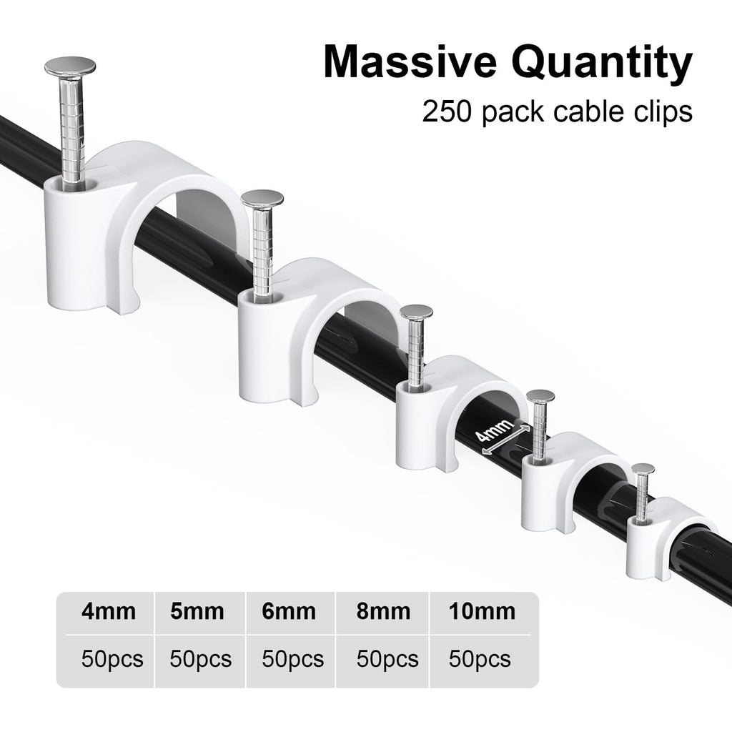 Jadaol Wide Design Cable Clips with Nails, 250 Pack Cord Wire Clips (4mm 5mm 6mm 8mm 10mm), Nail-in Round Cable Tacks for Ethernet Cable, Coaxial, TV, Speaker, Electrical Wire, White