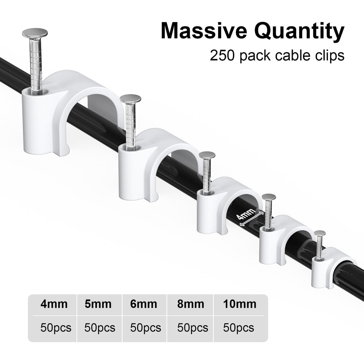 Jadaol Wide Design Cable Clips with Nails, 250 Pack Cord Wire Clips (4mm 5mm 6mm 8mm 10mm), Nail-in Round Cable Tacks for Ethernet Cable, Coaxial, TV, Speaker, Electrical Wire, White