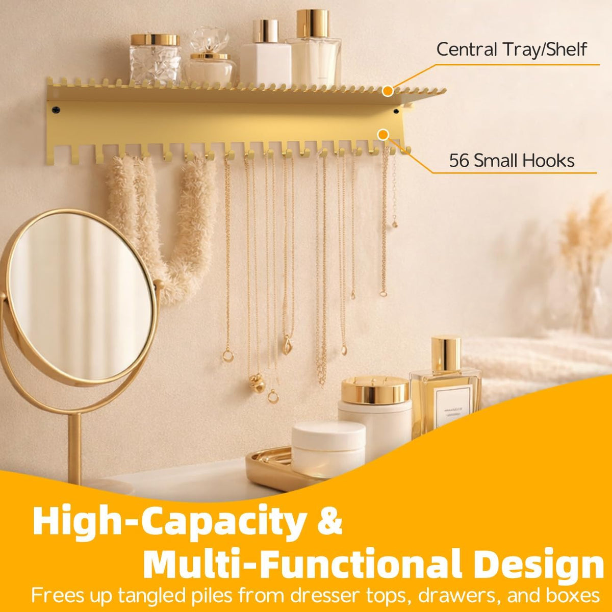 Necklace Jewelry Holder Wall Hanging Organizer Hangers Storage Mounted Shelf with 56 Hooks Tray Display Girls Women Metal Door Earring Mount Key Chains Rack (Gold)