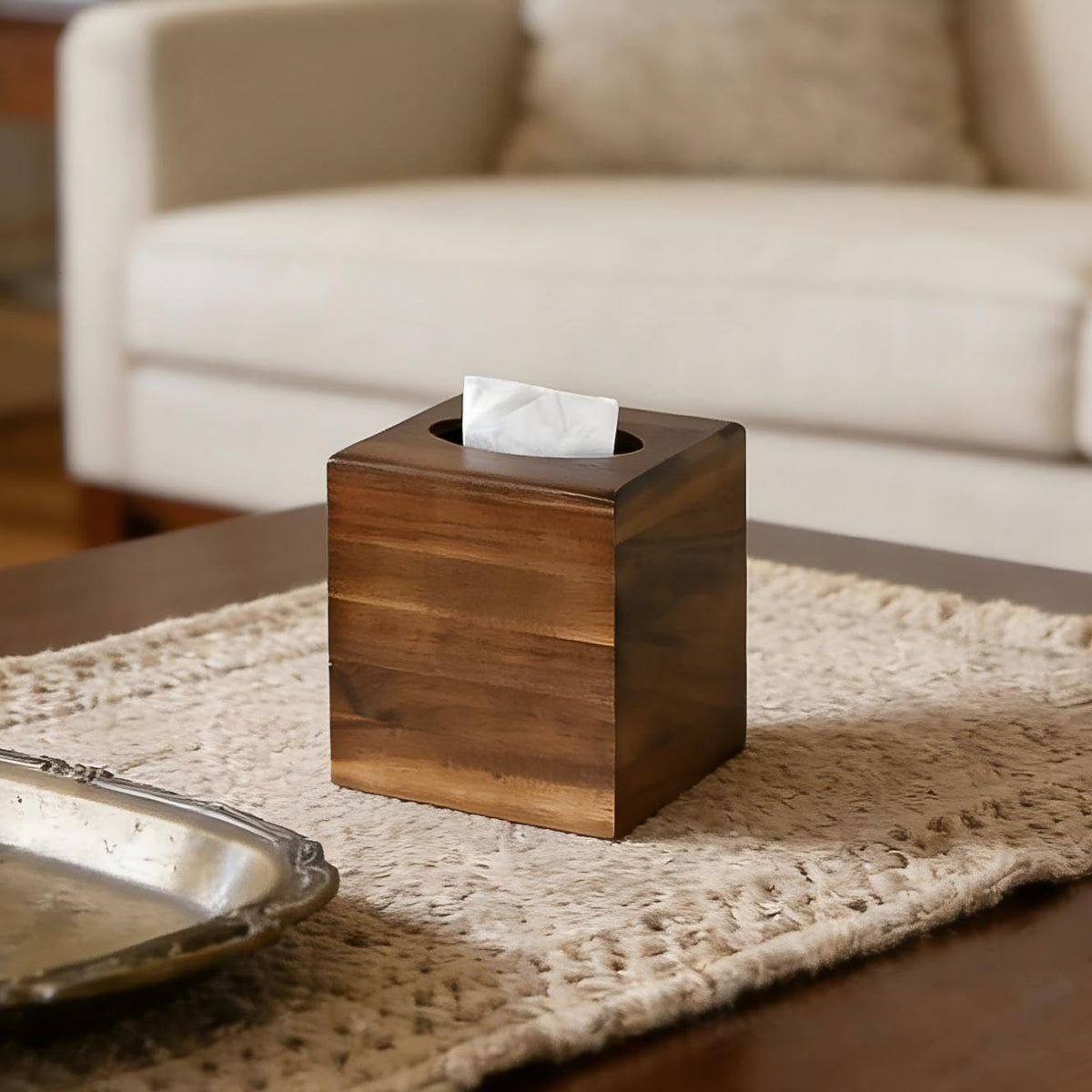Wood Tissue Box Cover， Acacia Wood Tissue Box Cover Square, Decorative Cube Facial Wooden Tissue Box Holder with Slide-Out Bottom for Bathroom, Bedroom, Dinner Table, Office, Kitchen