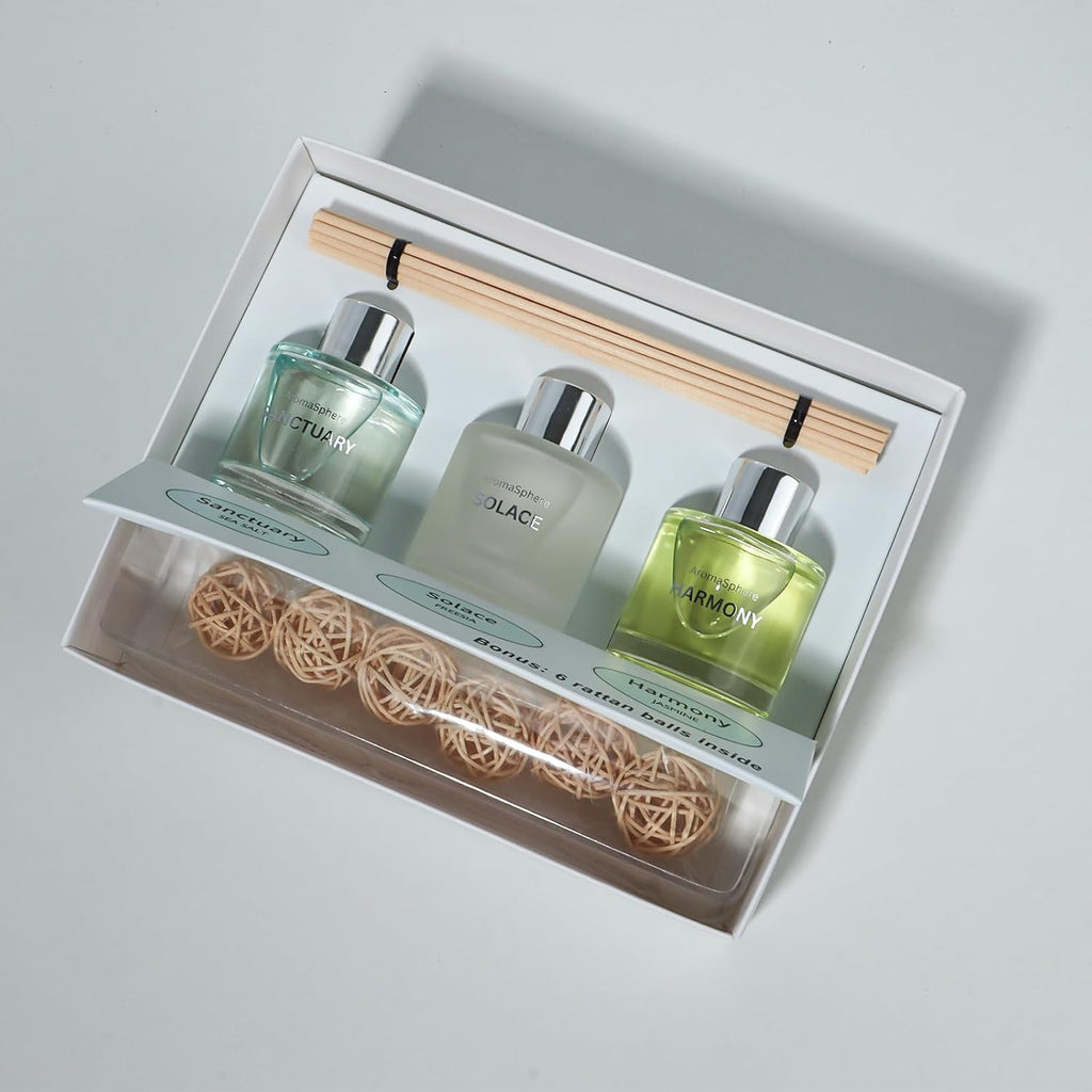 Reed Diffuser Set of 3 | Aromatherapy Fragrance Oil | 12 Sticks and 6 Rattan Balls, 3 x 50ML (Sea Salt, Freesia, Jasmine, Mint Green Edition)