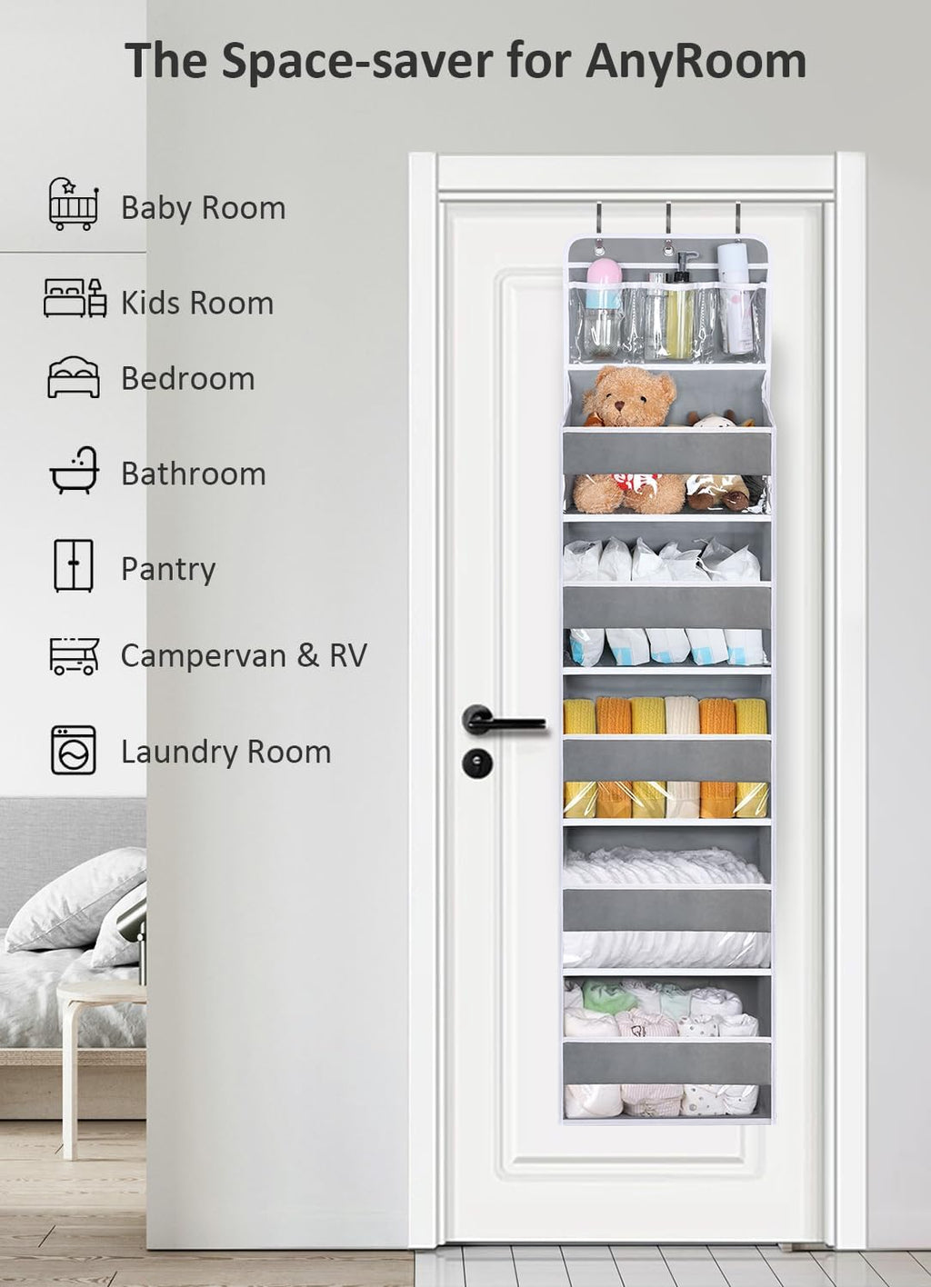 Over the Door Organizer with 5 Large Pockets, Heavy Duty Hanging Door Storage Rack with Clear PVC Front Pockets & Side Mesh Bags, Foldable Closet Organizer for Bedroom (DarkGray, 5 Floors)