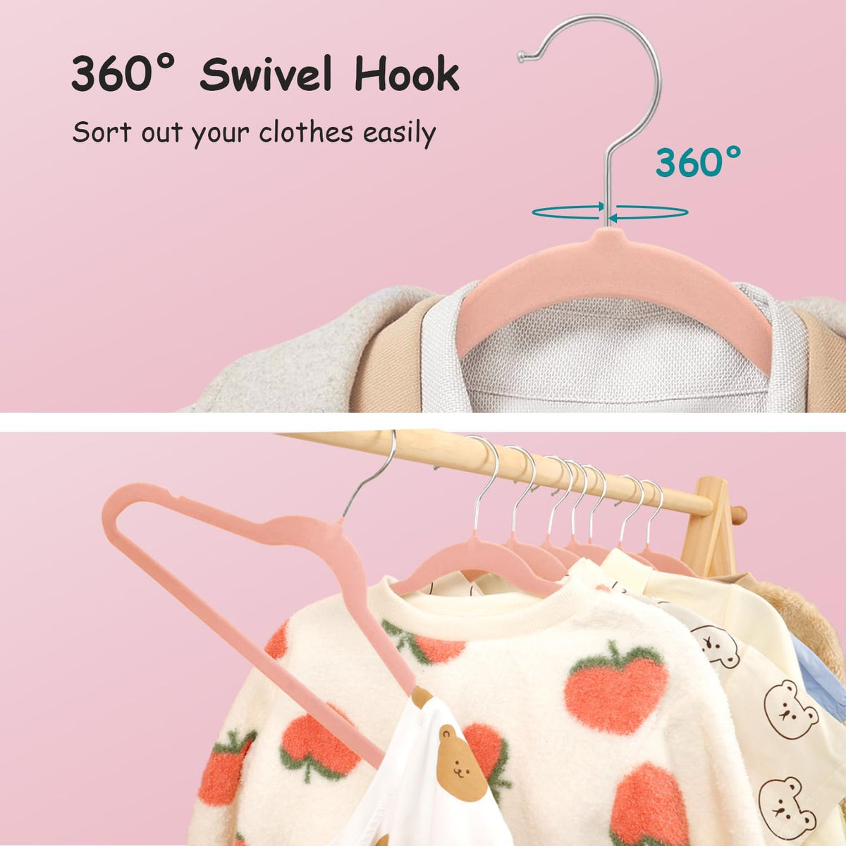 Stormix Kids Velvet Hangers Non-Slip Space Saving Swivel Hook 32 Pack Pink