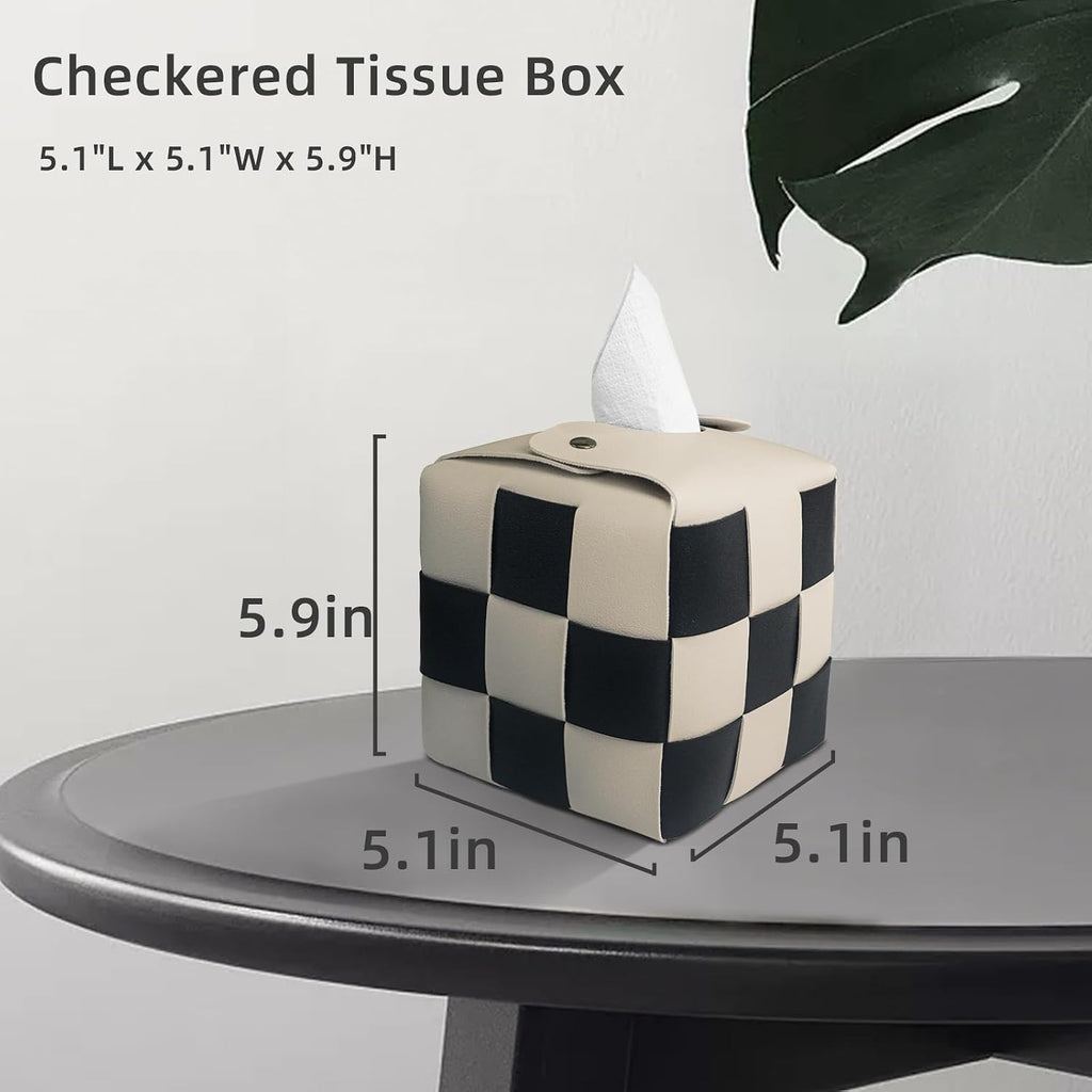 MSJGA Tissue Box Cover, Square PU Leather Tissue Box Holder with Metal Buckle, Checkered Tissue Box, Decorative Organizer for Bedroom, Vanity Desk, Nightstand, Bathroom, Office (Beige)