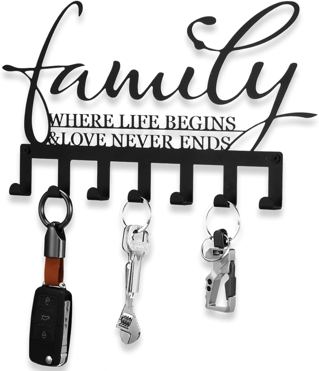 Hicarer Family Key Holder Metal Hooks Decorative Hanger Black Rack Wall Mount Organizer with Screws and Anchors for Keys Hat Kitchen Entryway Front Door Home Decor