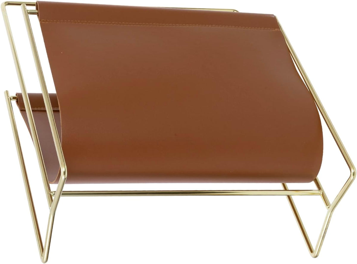 MyGift Caramel Leatherette Magazine Holder with Brass Metal Frame, 13 Inch