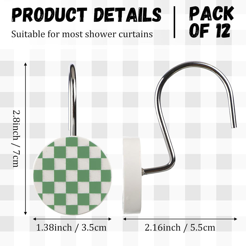 Yalikop Rustic Checkered Shower Curtain Hooks Set of 12 Retro Sage Green and White Round Shower Curtain Rings Modern Decorative Hanger Rings with Metal Hooks for Bathroom Rod and Liner