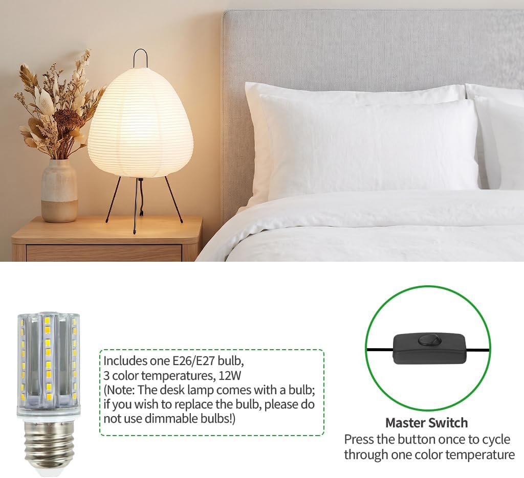 Rice Paper Lamp,Japanese Lamp,3 Color Temperature Bulb Included,12W