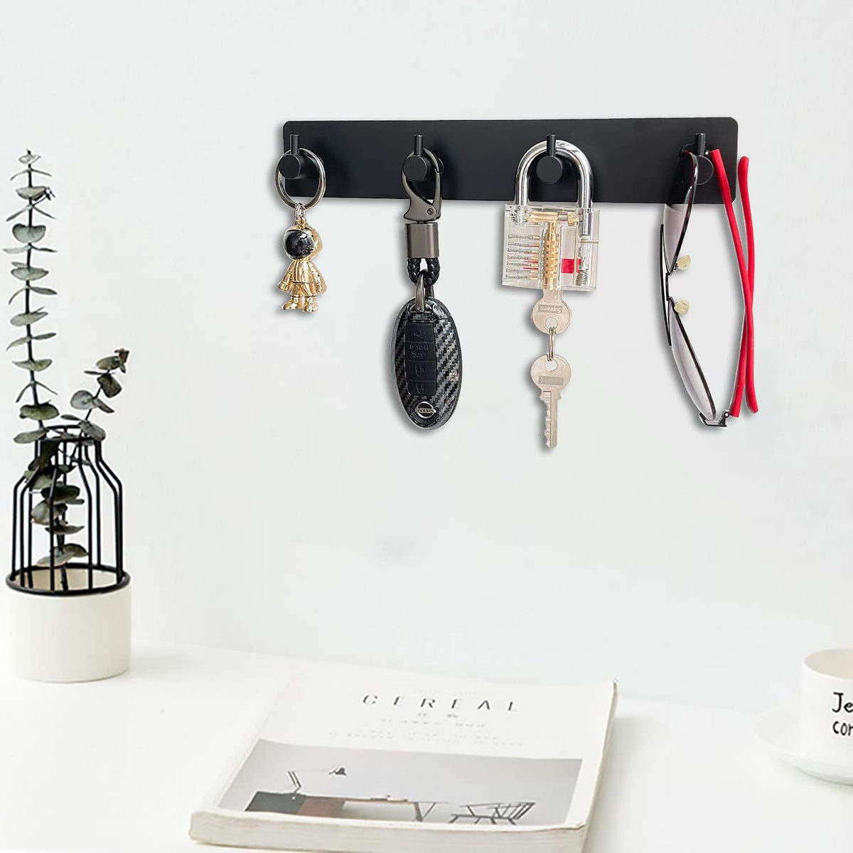 AXBUS Wall Mounted Key Holder,4 Key Hooks for Wall Decorative,Adhesive Key Organizer Key Hanger for Entryway, Kitchen, Bedroom,Bathroom - (Black, 4 Hooks)