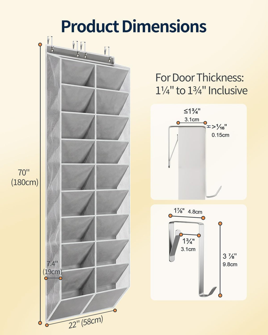 Yecaye 10 Tier Widen Over the Door Shoe Organizer for 20-30 Pairs, Grey