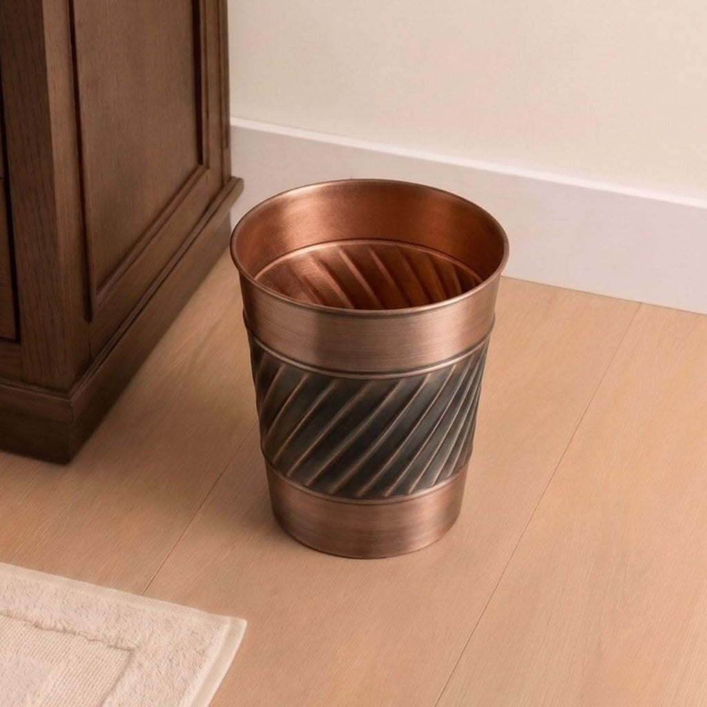Monarch Abode Metal Bathroom Trash Can – Waste Basket for Bedroom, Office Desk, & Dorm, Handcrafted Wave Embossed, Durable Decorative Antique Copper Small Trash Can Bathroom Garbage Bin Wastebasket