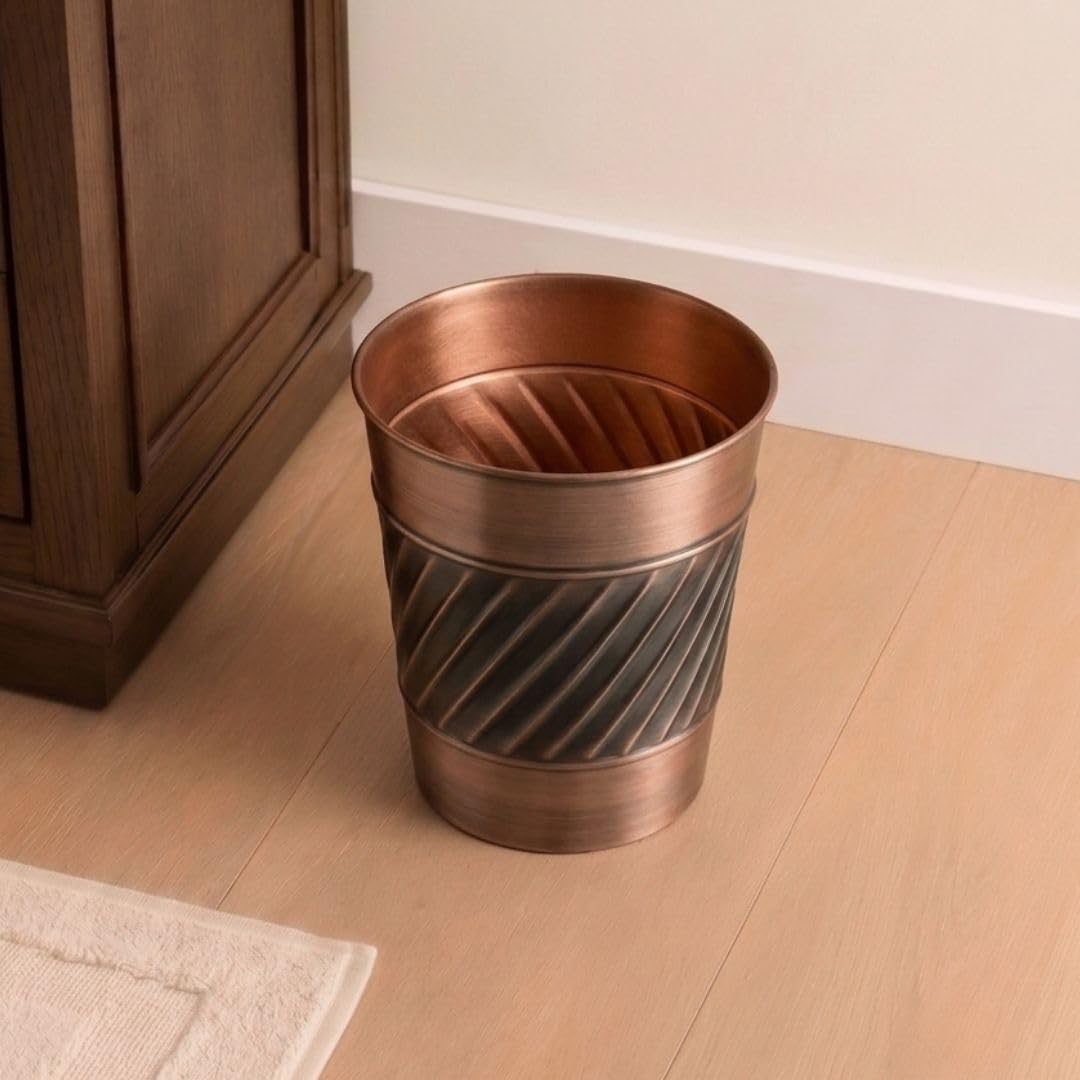 Monarch Abode Metal Bathroom Trash Can – Waste Basket for Bedroom, Office Desk, & Dorm, Handcrafted Wave Embossed, Durable Decorative Antique Copper Small Trash Can Bathroom Garbage Bin Wastebasket