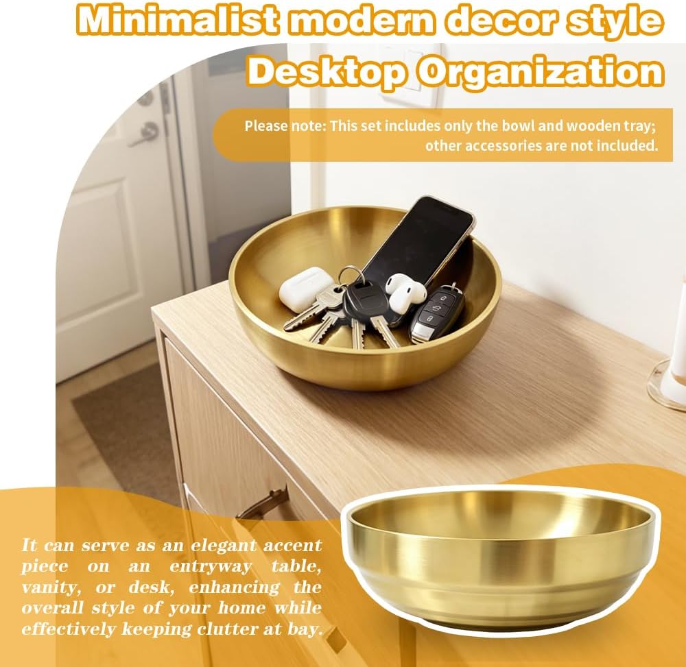 Key Bowl For Entryway Table Key Bowl Catch All Vowl Gold Fruit Bowl, Perfect For Kitchen Countertops And Coffee Tables 7.4 Inches In Diameter Comes With An Elegant Wooden Coaster
