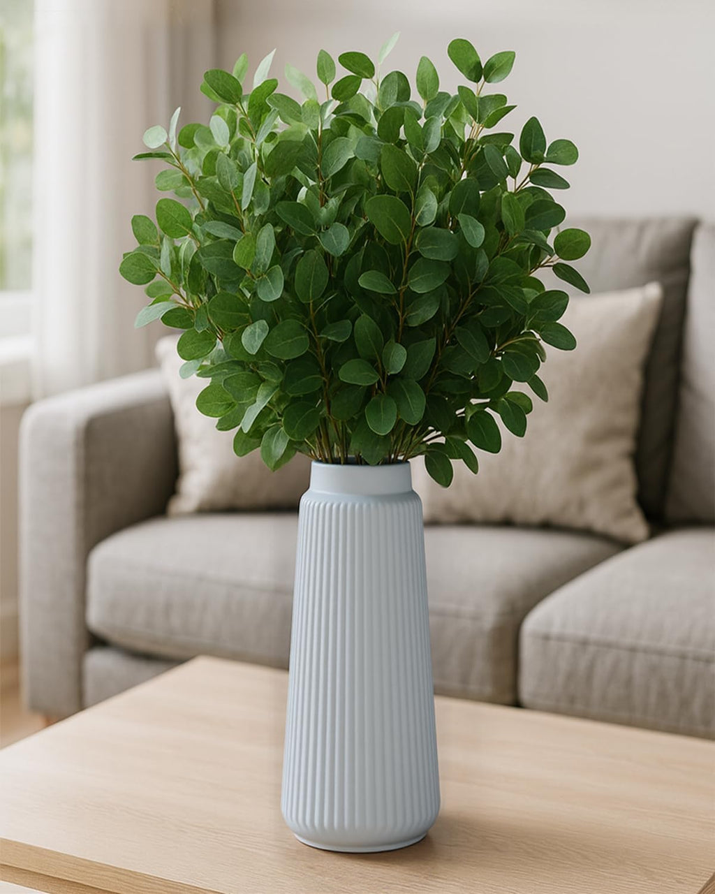 vensovo 8 Inch Glossy White Ceramic Vase, Conical Ribbed Flower Vase