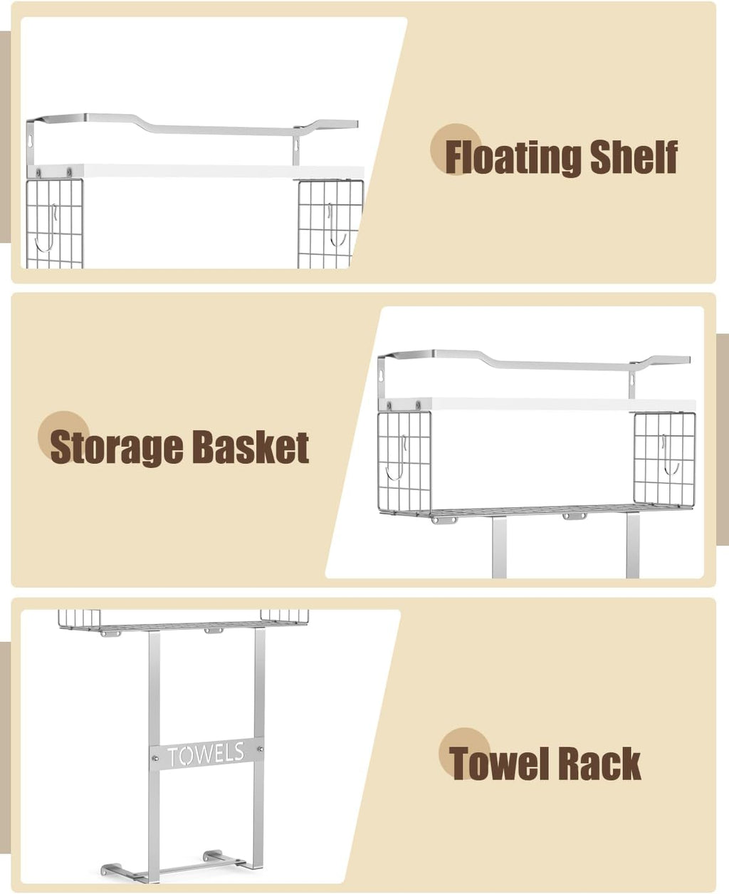 Towel Racks for Bathroom Wall Mounted - Bath Wall Towel Holder Set Above Toilet Storage, Rolled Towel Shelf Organizer for Small Bathroom, Wood Vertical Towel Rack for Bathroom Wall Decor Silver