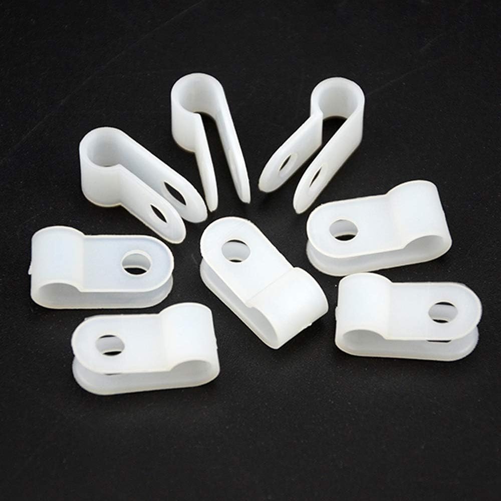 100pcs White Nylon R-Type Cable Clamps Fastener for 1/8 Inch (3.2mm) Dia Wire Tube Plastic Wire Cord Clip Fixer with 100 Pack Screws for Wire Management