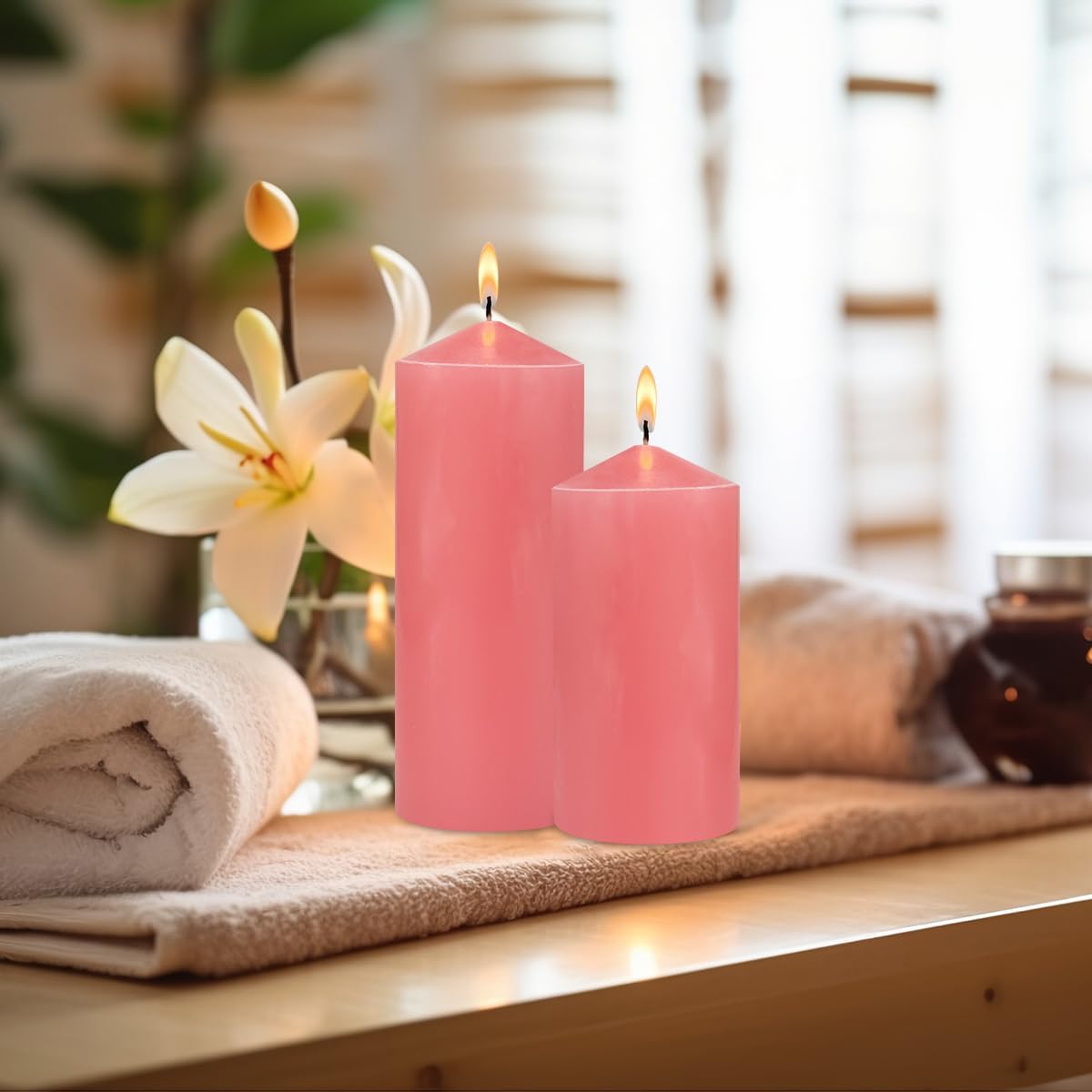Pink Pillar Candles for Romantic, 3x8 Inch Unscented Column Candles for Spa Church Weddings, Non-Toxic Smokeless and Dripless Hand Poured Emergency Candle